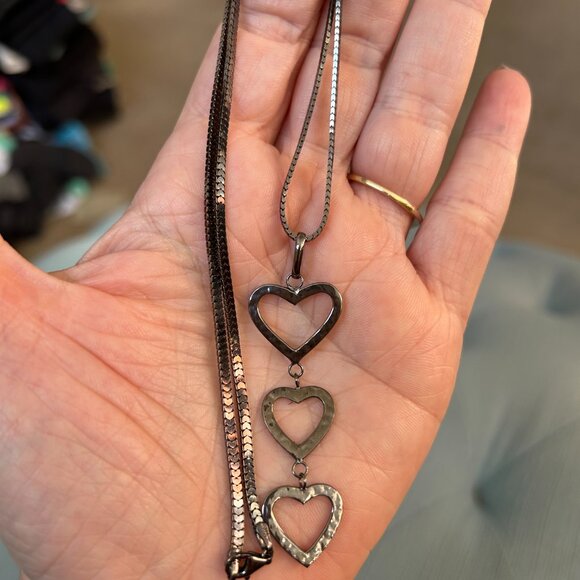 14k Black Gold Triple Heart Necklace - Picture 7 of 12